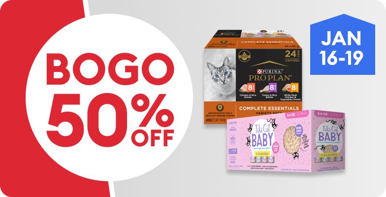 BOGO 50% OFF text, two variety packs of cat food, January 16-19