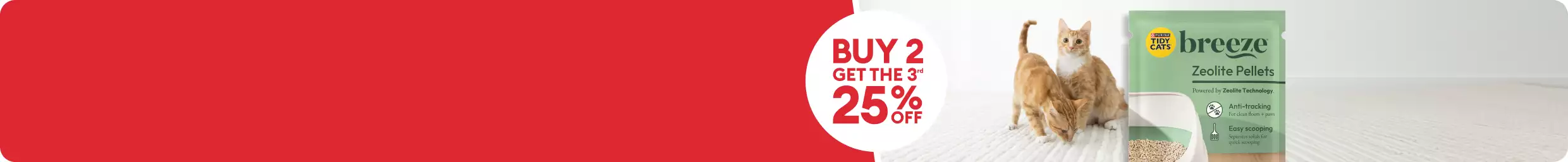 Buy 2, get the 3rd 25% off text in a white circle, two cats playing & a package of Tidy Cats Breeze litter pellets