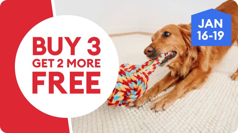 Buy 3, get 2 more free text in a white circle, a golden retriever playing with a rope toy & January 16–19 callout