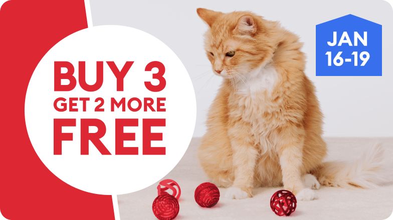 Buy 3, get 2 more free text in a white circle, a cat looking at toys on the floor & January 16–19 callout