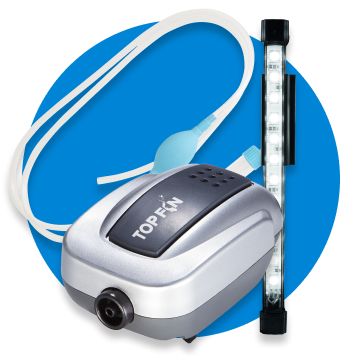 Aquarium pump and tubing with a thermometer, all in front of a blue background