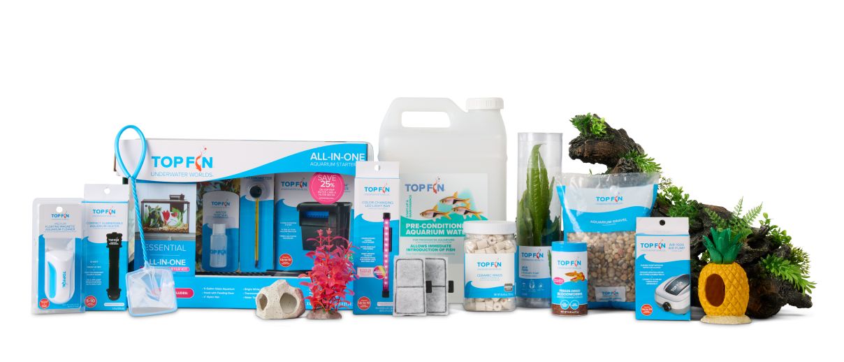 Very large assortment of Top Fin products including chemicals, food, decor, plants, thermometer and a net