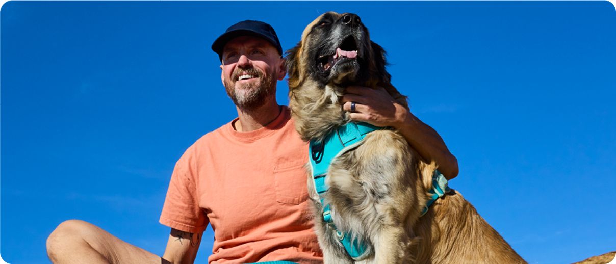 Man with dog wearing turquoise Arcadia Trail harness at top of mountain peak 