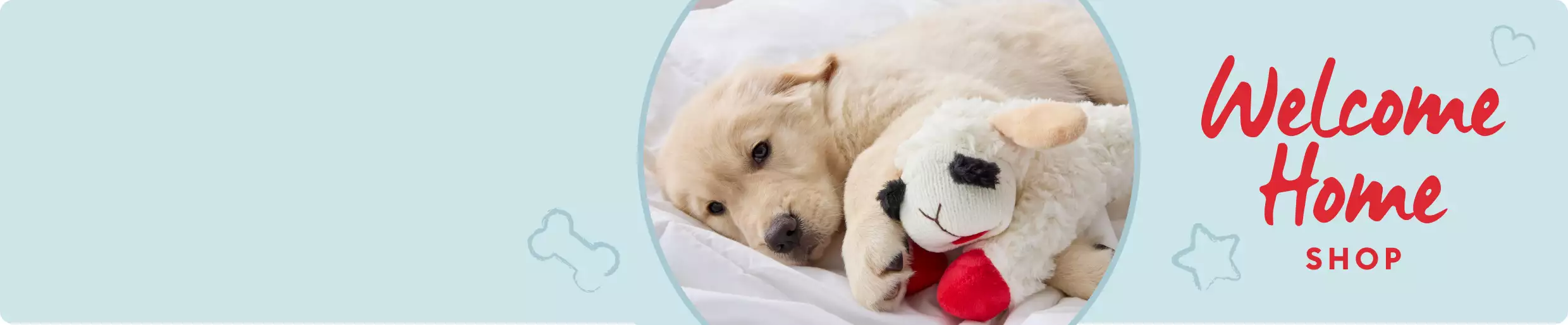 Welcome Home Shop banner with a puppy cuddling a Lamb Chop plush toy & blue illustrated dog bone, star & heart