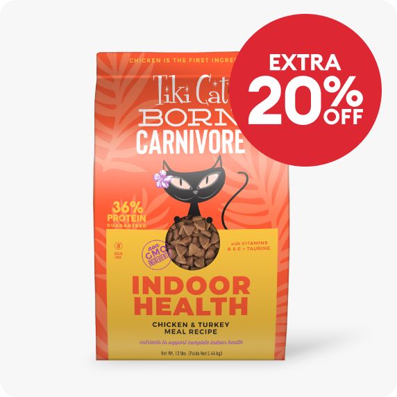 Extra 20% off callout & a bag of Tiki Cat food