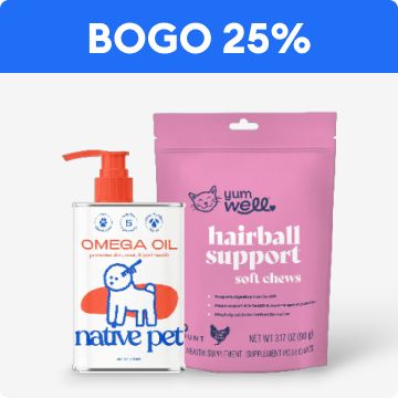 BOGO 25% OFF callout, omega oil & hairball support supplement