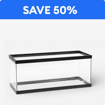 Save 50% callout & an open-glass aquarium