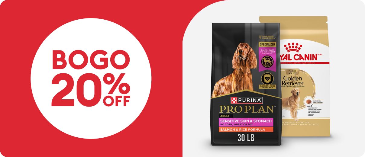 BOGO 20% OFF with Purina & Royal Canin bags