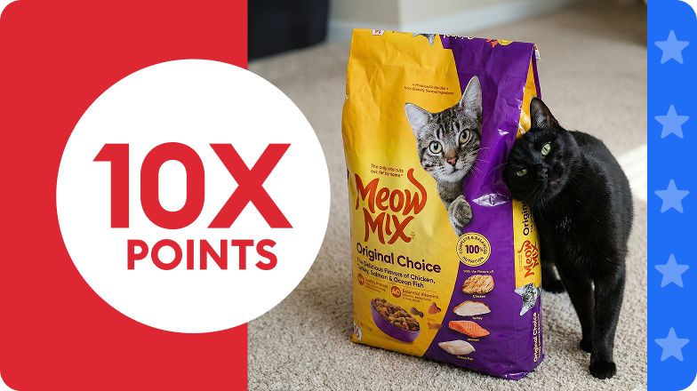 10X points callout & a black cat standing next to Meow Mix cat food bag