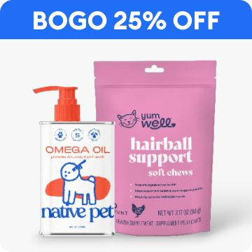 BOGO 25% OFF text, Native Pet omega oil & YumWell hairball support chews
