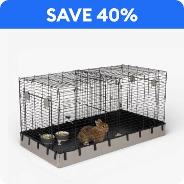 Save 40% text & a rabbit inside a wire habitat