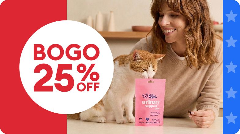 BOGO 25% OFF callout & a woman sitting at a table with a cat beside YumWell supplements