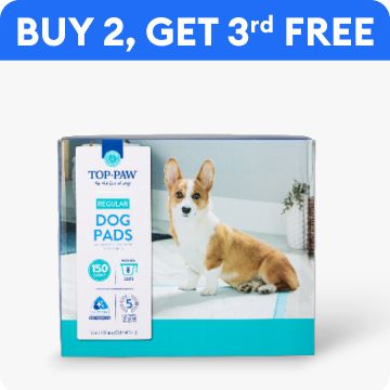 Buy 2, get 3rd free callout & Top Paw disposable dog pads