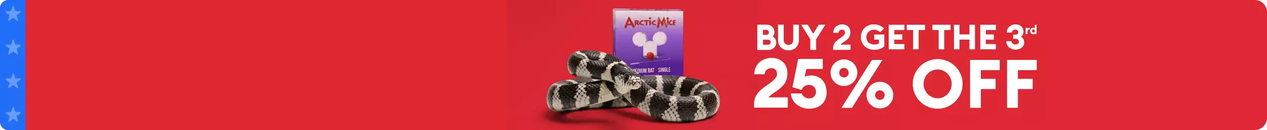 Buy 2, get the 3rd 50% off callout, Arctic Mice package and a snake