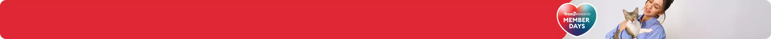 Heart-shaped callout with the text 'Treats Rewards Member Days' & a woman holding a cat