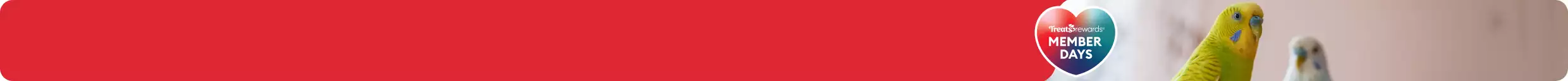 Heart-shaped callout with the text 'Treats Rewards Member Days' & two colorful birds