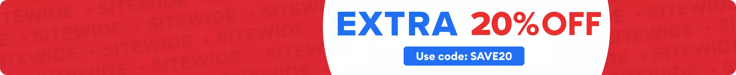 Text that says EXTRA 20% OFF SITEWIDE; blue, red, and white palette