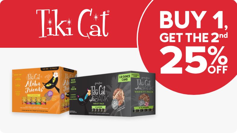 Tiki Cat, buy 1 get the 2nd 25% off text