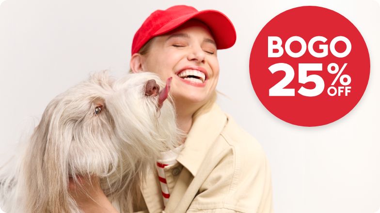 BOGO 25% off callout and a dog licking a woman's face