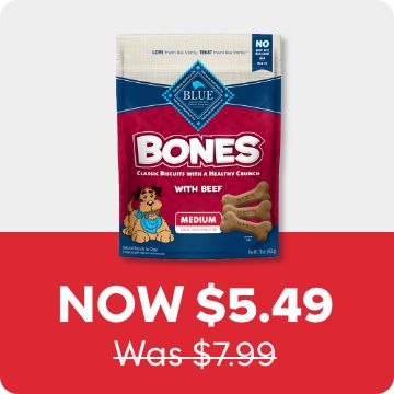 Now $5.49 Was $7.99 price callout and a package of Blue Buffalo dog treats
