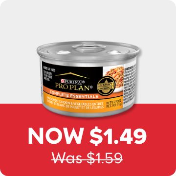 Now $1.49 Was $1.59 price callout and a can of Purina Pro Plan cat food