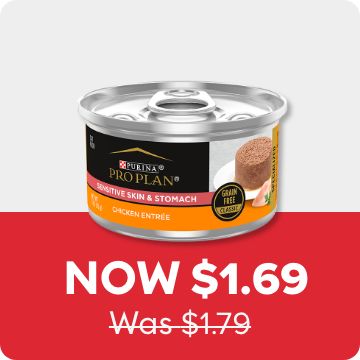 Now $1.69 Was $1.79 price callout and a can of Purina Pro Plan cat food