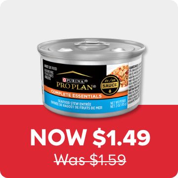 Now $1.49 Was $1.59 price callout and a can of Purina Pro Plan cat food
