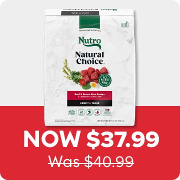 Now $37.99 Was $40.99 price callout and a bag of Nutro Natural Choice dog food