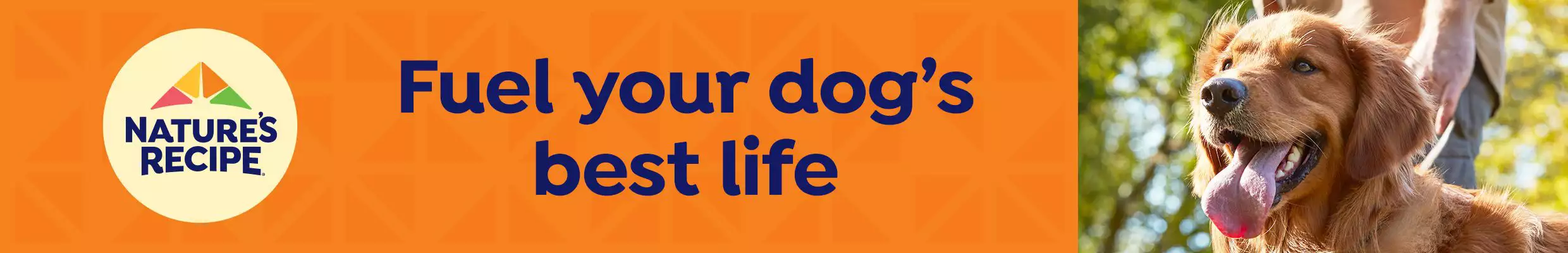A dog on an orange background with the Nature's Recipe logo and the text 'Fuel your dog's best life.