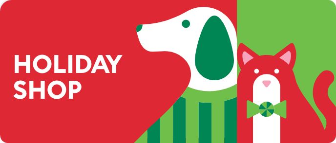 Holiday dog and cat illustration in red, green and white