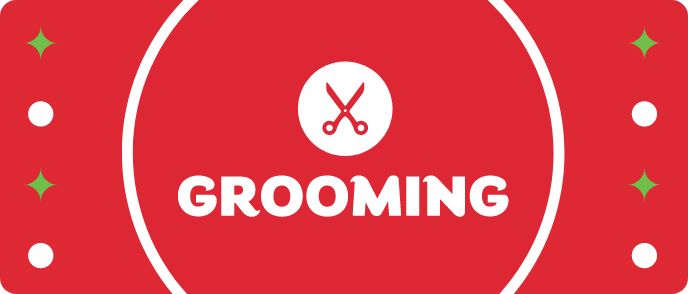Text that says GROOMING in a holiday red, green, and white background