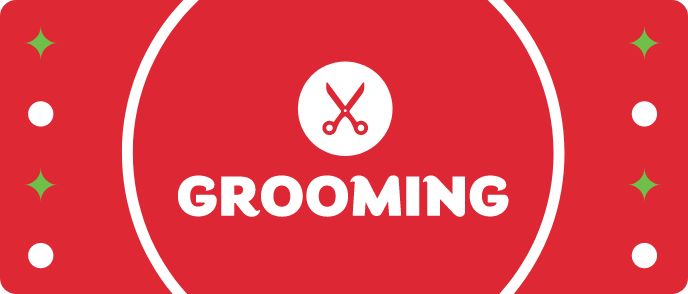 Text that says GROOMING in a holiday red, green, and white background