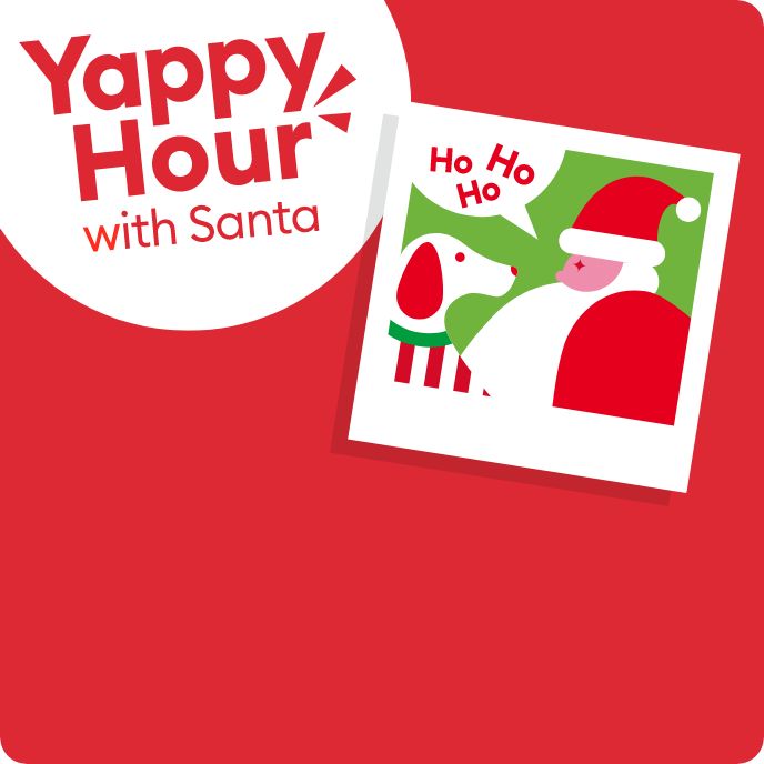 Text that says Yappy Hour with Santa; polaroid illustration of Santa and a dog