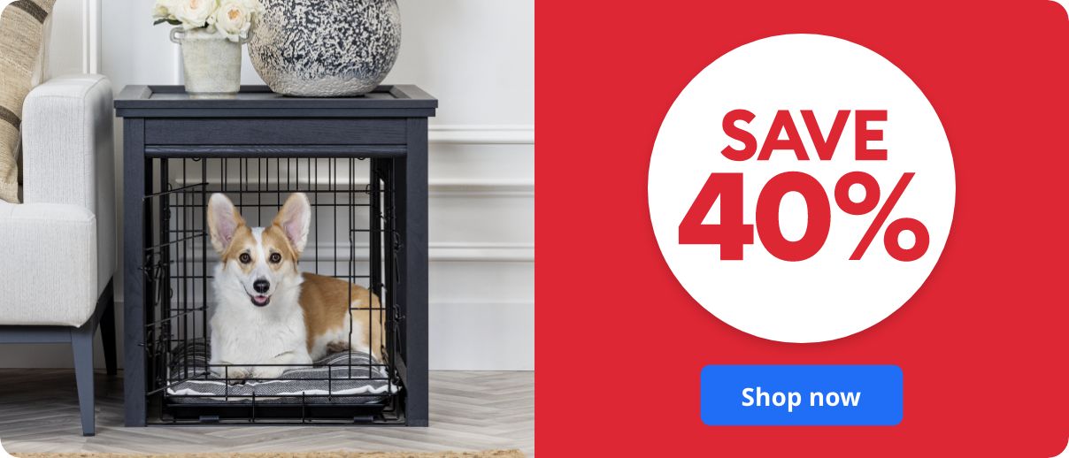 Save 40% callout, shop now button and a dog laying in a decorative wire crate