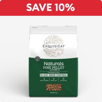 Save 10% text & ExquisiCat Multi-Cat Pine Pellet Litter