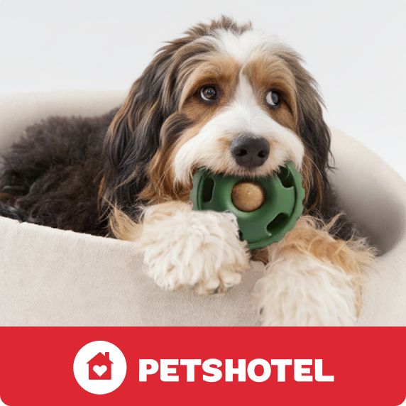 PetsHotel logo & fluffy mixed-breed dog resting in a plush bed while chewing on a green rubber toy