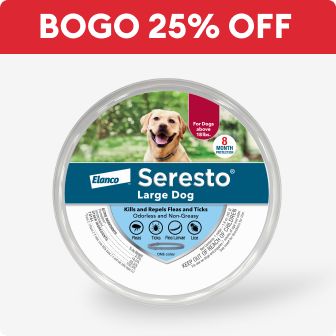 BOGO 25% OFF text & a Seresto flea & tick dog collar