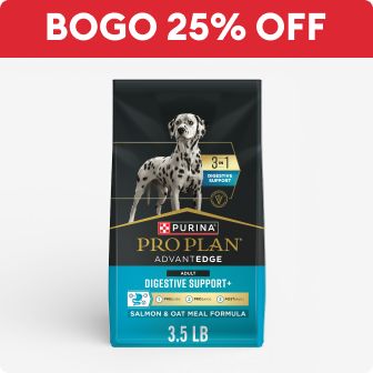 BOGO 25% OFF callout & a bag of Purina Pro Plan dog food