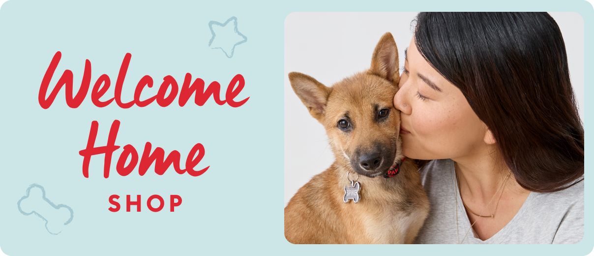 Welcome Home Shop callout, blue star illustrations & a woman kissing a dog
