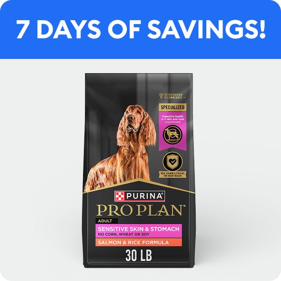 7 days of savings callout & a bag of Purina Pro Plan dog food		