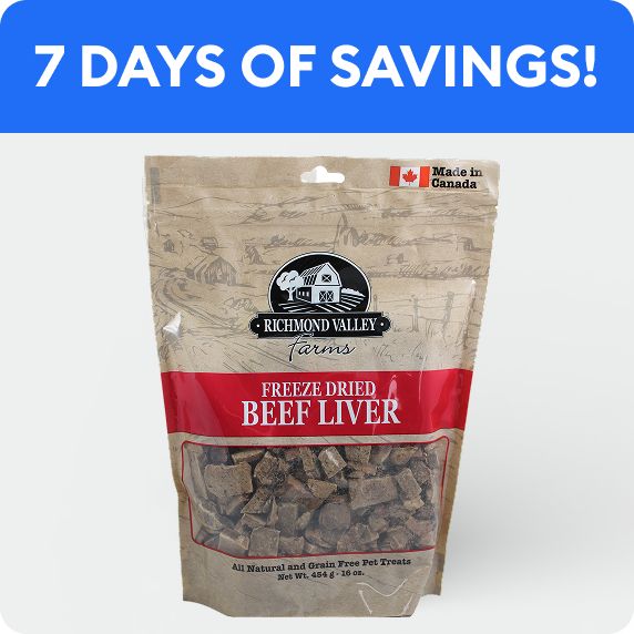 7 days of savings callout & a bag of Richmond Valley Farms Freeze Dried Dog Treats		