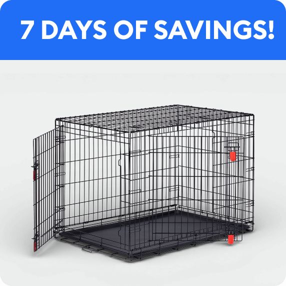 7 days of savings callout & an open wire crate		