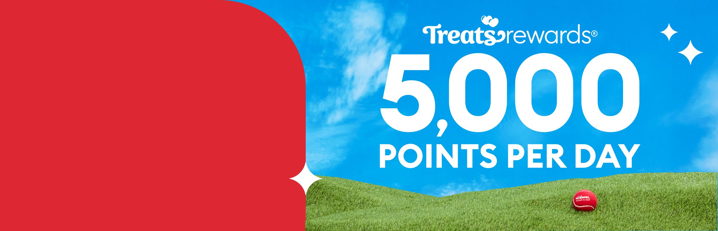 Treats Rewards logo, white sparkle graphics & 5,000 points per day message on blue sky & grass background