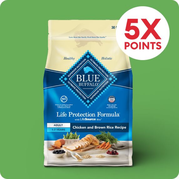 5X points callout & a bag of Blue Buffalo dog food		