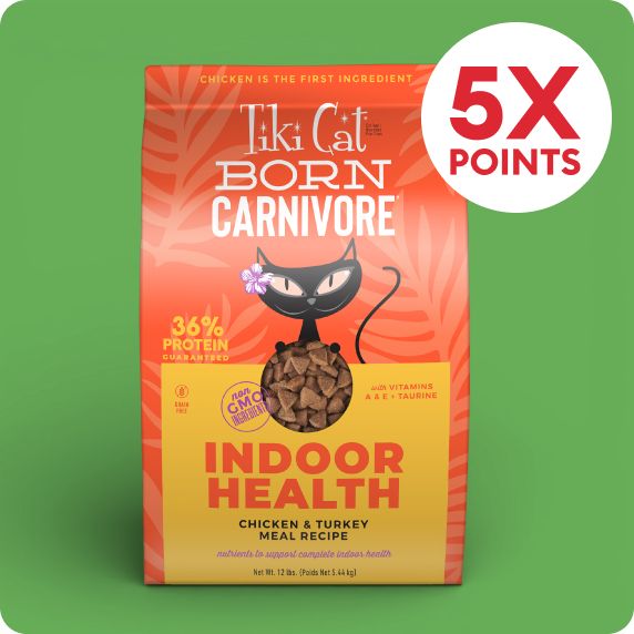 5X points callout & a bag of Tiki Cat food		