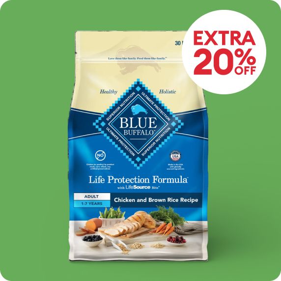 Bag of Blue Buffalo dog food & extra 20% off callout