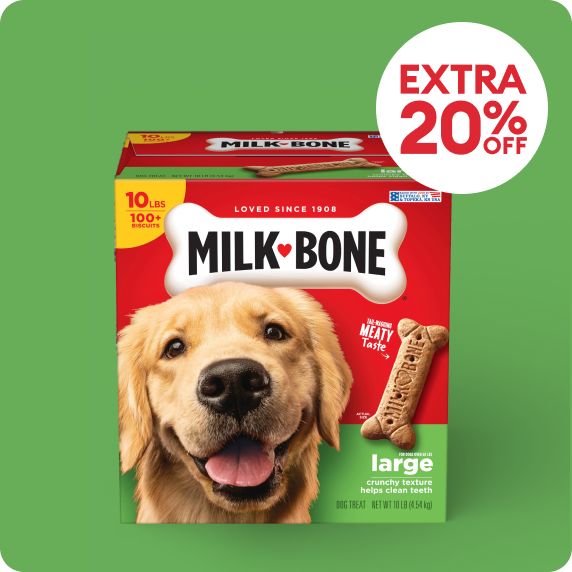 Box of Milk-Bone dog treats & extra 20% off callout