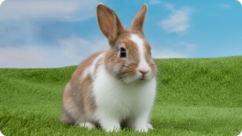Brown & white rabbit sitting on bright green grass with a blue sky background