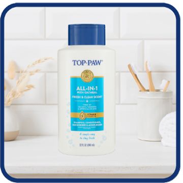 Bottle of Top Paw dog shampoo on a bathroom counter