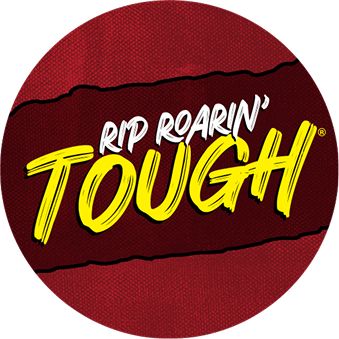 RIP ROARIN' TOUGH in white & yellow on burgundy background